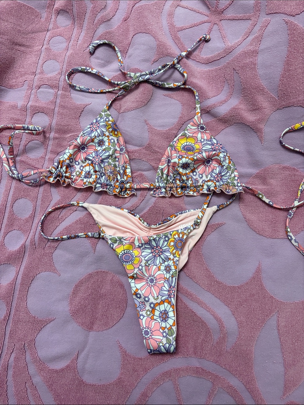 Floral Tie-Back Triangle Bikini Set - Pink Multi